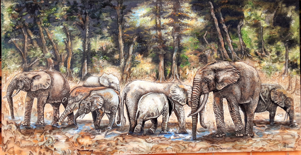 Elephants-de-la-foret-Gabonaise-130X250cm-Relief-5.000.000-FCFA