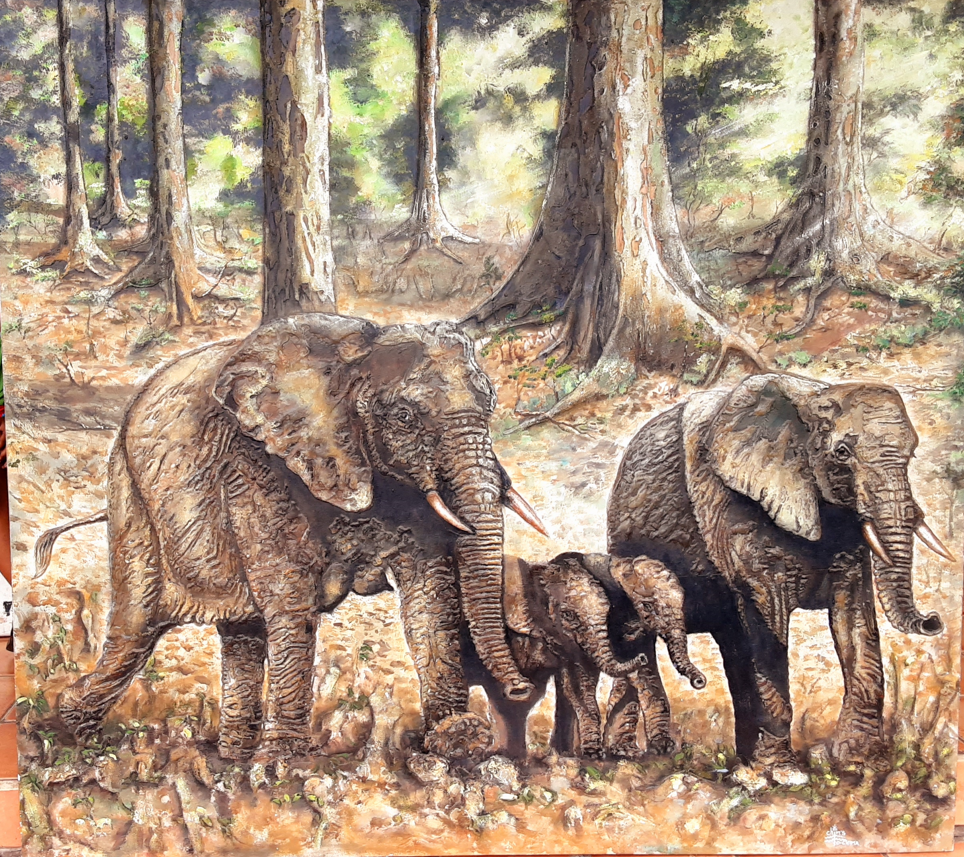 Famille-Elephants-guidant-leur-Enfants-180X200cm-Relief-8.000.000-FCFA